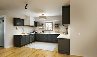 Modern kitchen featuring dark cabinetry, a light countertop, and wooden flooring. Natural light floods in, creating a warm, inviting space.